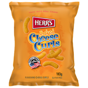 Herr´s Baked Cheese Flavoured Curls 12x113g – knusprige gebackene Käse-Curls mit intensivem Cheese-Geschmack in der 113-g-Packung.
