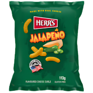 Herr´s Jalapeño Cheese Curls 12x113g – knusprige Käse-Curls mit würziger Jalapeño-Note in der 113-g-Packung.