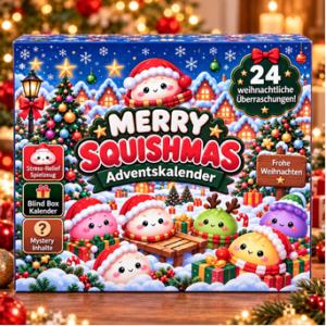 Merry Squishmas Adventskalender Blau mit 24 Squishy-Überraschungen, Maße 26 x 18 x 3 cm und Gratis Verkaufsdisplay ab 80 Stück.