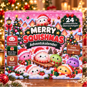 Merry Squishmas Adventskalender Pink mit 24 Squishy-Überraschungen, Maße 26 x 18 x 3 cm und Gratis Verkaufsdisplay ab 80 Stück.