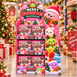 Merry Squishmas Aufsteller mit 80 Adventskalendern – ca. 2 m hohes XXL POS-Verkaufsdisplay inklusive 80 Merry Squishmas Adventskalendern.