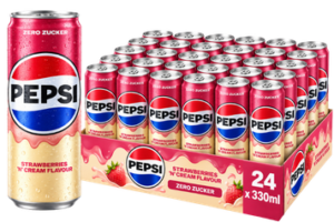 Pepsi Strawberry N Cream Zero 24x330ml – zuckerfreie Pepsi-Cola mit fruchtiger Erdbeer- und cremiger Cream-Note in der 330-ml-Dose.