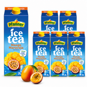 Pfanner Ice Tea Mango Maracuja 6x2L mit sechs blauen 2-Liter-Getränkekartons und Mango-Maracuja-Geschmack für Getränkemärkte, Kioske und Wiederverkäufer
