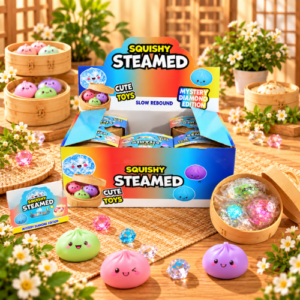 Squishy Steamed Mystery Dumplings 12Stk – weiche Mystery-Squishys im Steamed-Dumpling-Design in einer praktischen 12er-Verkaufseinheit.
