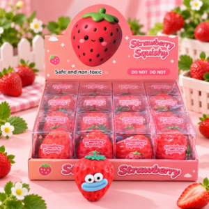 Strawberry Face Squishy 12Stk – weiche Erdbeer-Squishys mit süßen Gesichtern in einer praktischen 12er-Verkaufseinheit.