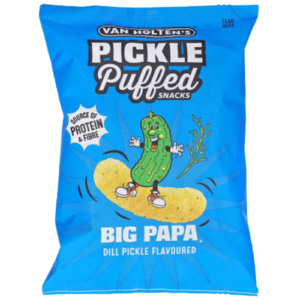 Van Holten´s Pickle Puffed Snacks Big Papa 10x90g – würzige gepuffte Dill-Pickle-Snacks in der 90-g-Packung.