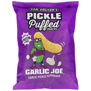 Van Holten´s Pickle Puffed Snacks Garlic Joe 10x90g – gepuffte Pickle-Snacks mit kräftigem Knoblauchgeschmack in der 90-g-Packung.