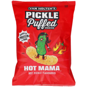 Van Holten´s Pickle Puffed Snacks Hot Mama 10x90g – scharf gewürzte gepuffte Pickle-Snacks in der 90-g-Packung.