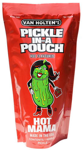 Van Holten’s Pickle in a Pouch Hot Mama 12x242g – scharf gewürzte eingelegte Gurke im praktischen Einzelbeutel.