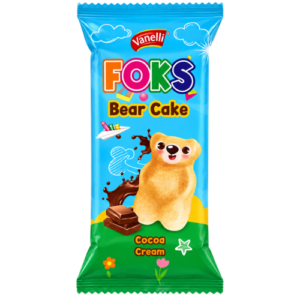 Vanelli FOKS Bear Cake Cocoa Cream 24x40g – weicher Bärenkuchen mit Kakao-Cremefüllung im praktischen 40-g-Einzelformat.