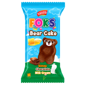 Vanelli FOKS Bear Cake Honey Chocolate Milk Cream 24x40g – weicher Bärenkuchen mit Honig-, Schoko- und Milchcreme-Geschmack im praktischen 40-g-Einzelformat.
