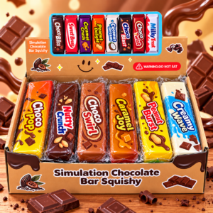 Chocolate Bars Squishy 12Stk – bunte Anti-Stress-Spielzeuge im Schokoriegel-Design mit verschiedenen Schoko-, Nuss-, Karamell- und Creme-Motiven.