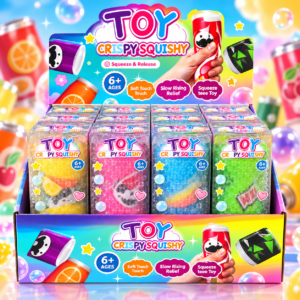 Crispy Squishy Toy 12Stk in buntem Display mit zwölf einzeln verpackten, farbigen Squeeze-Spielzeugen in transparenter Box.