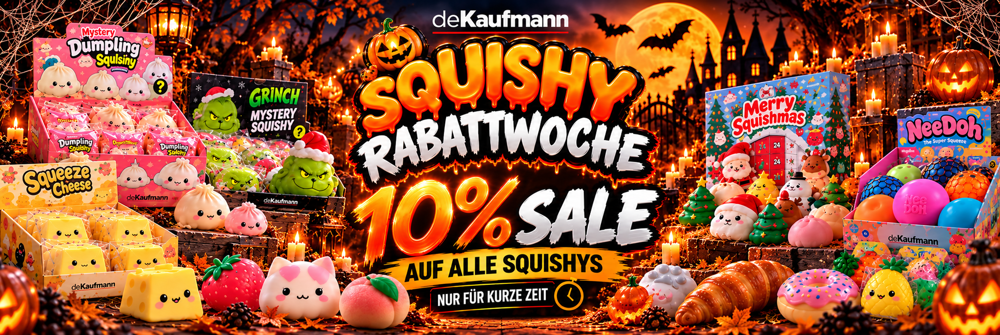 Squishy Rabattwoche bei deKaufmann.de – 10 % Rabatt auf alle Squishys. Entdecke Mystery Dumplings, NeeDoh, Grinch Squishys, Merry Squishmas Adventskalender und weitere Trendprodukte in einer Halloween-Aktion.
