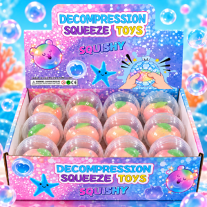 Decompression Squeeze Squishy 12Stk – bunte Anti-Stress-Spielzeuge im pfirsichartigen Frucht-Design in transparenten Kugelverpackungen.