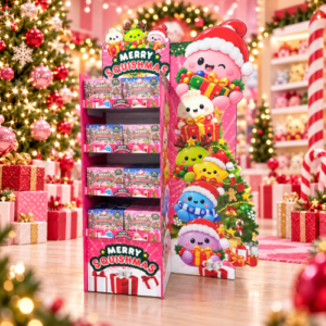 Merry Squishmas Aufsteller mit 80 Adventskalendern – ca. 2 m hohes XXL POS-Verkaufsdisplay inklusive 40 pinken und 40 blauen Merry Squishmas Adventskalendern.