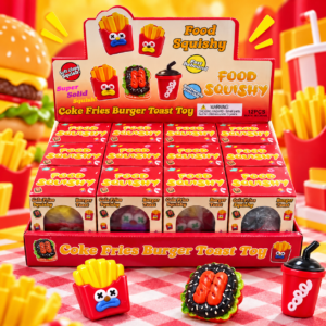 Fast Food Squishy 12Stk – bunte Anti-Stress-Spielzeuge im Pommes-, Burger-, Toast- und Cola-Design im Verkaufsdisplay.