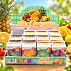 Fruit Squishy 12Stk – buntes Verkaufsdisplay mit weichen Früchte-Squishys in verschiedenen Farben und Designs.