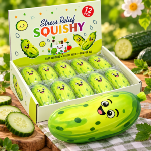 Stress Relief Gurken Squishy 12Stk – grüne Anti-Stress-Spielzeuge in lustiger Gurkenform mit niedlichem Gesicht.