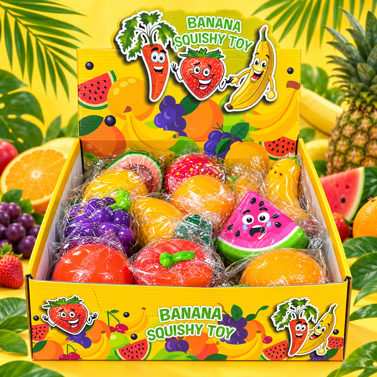 Many Fruits Squishy 12Stk – bunte Anti-Stress-Spielzeuge im Früchte-Mix mit Traube, Erdbeere, Banane, Orange und Wassermelone.