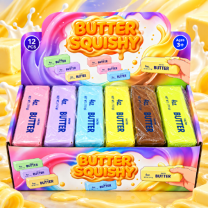 Many Color Butter Squishy 12Stk – bunte Butter-Squishys in Pink, Lila, Blau, Gelb, Braun und Grün im farbenfrohen Verkaufsdisplay.