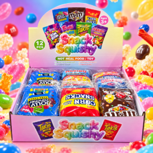 Many Snacks Squishy 12Stk – buntes Thekendisplay mit 12 weichen Squishy-Spielzeugen im Snack- und Süßwaren-Design.