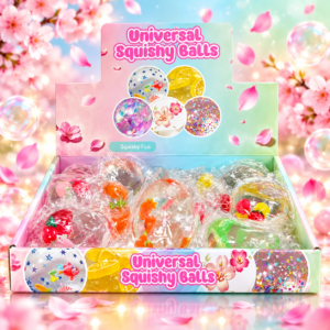 Universal Squishy Balls 12Stk – buntes Verkaufsdisplay mit transparenten Squishy-Bällen mit Früchten, Sternen, Blüten und Glitzer.